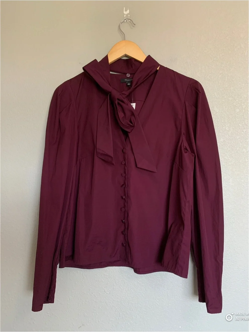 Madewell Large V-Neck Button Front Top With Neck Tie in Dark Pomegranate NWT